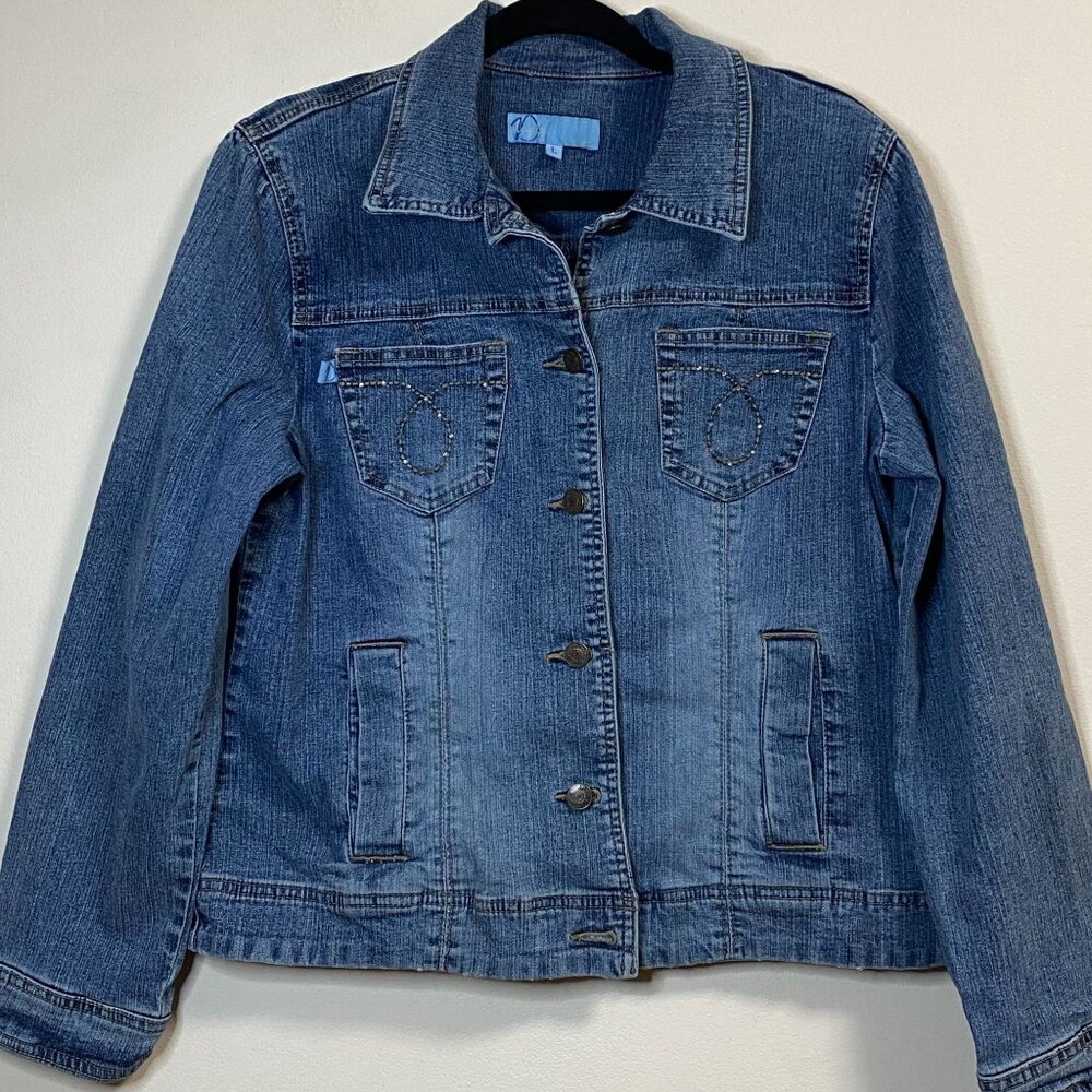 Duplex Tyte Jean Jacket Women's Size L Medium Wash Denim Button Embroidered